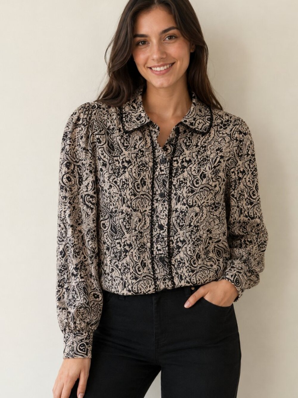 RIHOAS Black Cream Paisley Floral Button Down Blouse Sz S Parisian Romantic